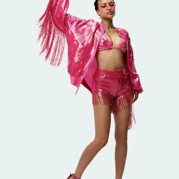 NWOT Adidas x IVY PARK Triple Pink Sequin Shorts with Fringe, size S - Picture 2 of 8